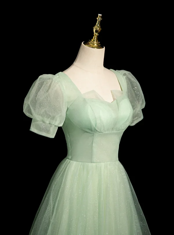 Chic / Beautiful Sage Green Prom Dresses 2024 A-Line / Princess Square Neckline Puffy Short Sleeve Backless Floor-Length / Long Prom Formal Dresses