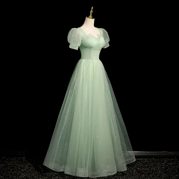 Chic / Beautiful Sage Green Prom Dresses 2024 A-Line / Princess Square Neckline Puffy Short Sleeve Backless Floor-Length / Long Prom Formal Dresses