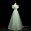 Chic / Beautiful Sage Green Prom Dresses 2024 A-Line / Princess Square Neckline Puffy Short Sleeve Backless Floor-Length / Long Prom Formal Dresses
