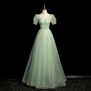 Chic Belle Vert Cendré Robe De Bal 2024 Princesse Encolure Carrée Gonflée Manches Courtes Dos Nu Longue Promo Robe De Ceremonie