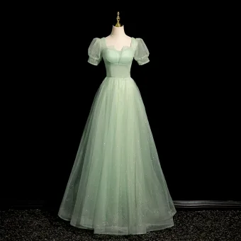 Hermoso Verde Salvia Vestidos De Gala 2024 A Line Princess Escote Cuadrado Hinchado Manga Corta Sin Espalda Largos Gala Vestidos Formales
