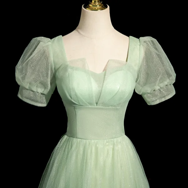 Chic / Beautiful Sage Green Prom Dresses 2024 A-Line / Princess Square Neckline Puffy Short Sleeve Backless Floor-Length / Long Prom Formal Dresses