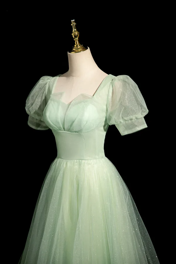 Chic / Beautiful Sage Green Prom Dresses 2024 A-Line / Princess Square Neckline Puffy Short Sleeve Backless Floor-Length / Long Prom Formal Dresses