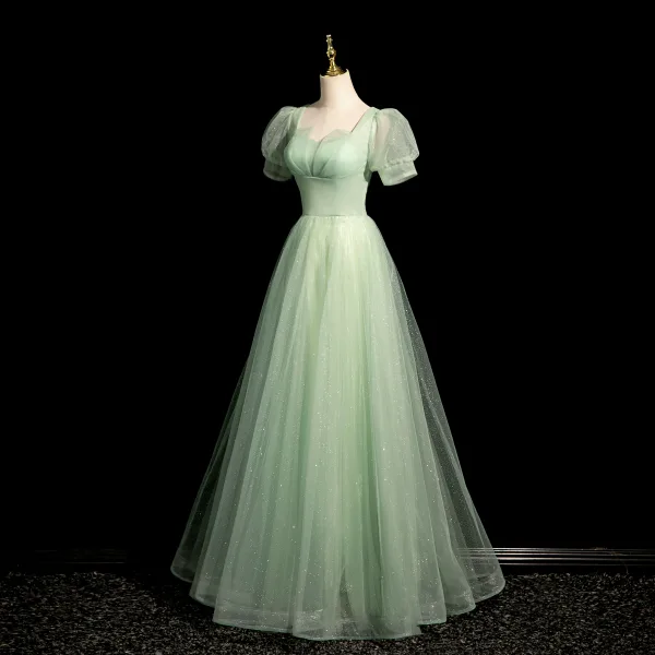 Chic / Beautiful Sage Green Prom Dresses 2024 A-Line / Princess Square Neckline Puffy Short Sleeve Backless Floor-Length / Long Prom Formal Dresses