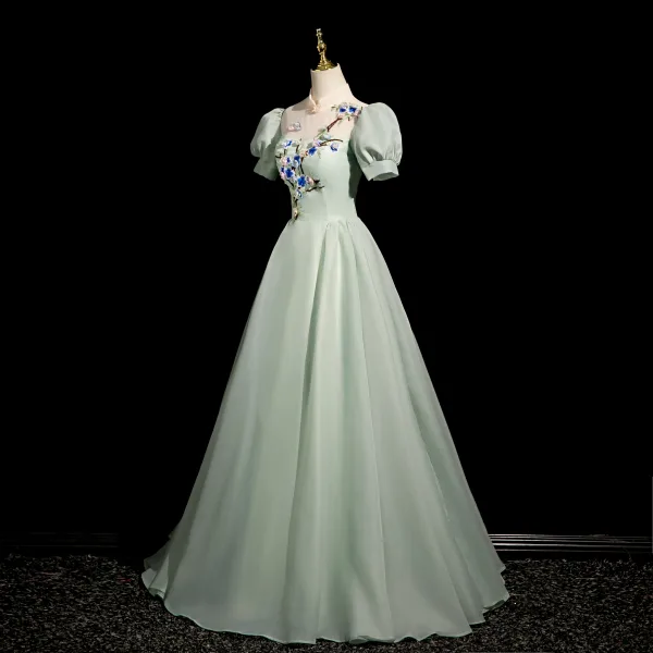 Chic / Belle Vert Cendré En Dentelle Fleur Robe De Bal 2024 Princesse Col Haut Gonflée Manches Courtes Dos Nu Longue Promo Robe De Ceremonie