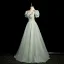 Chic / Belle Vert Cendré En Dentelle Fleur Robe De Bal 2024 Princesse Col Haut Gonflée Manches Courtes Dos Nu Longue Promo Robe De Ceremonie