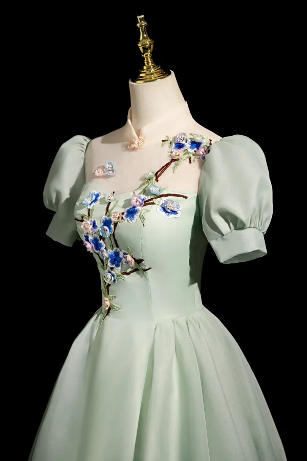 Chic / Belle Vert Cendré En Dentelle Fleur Robe De Bal 2024 Princesse Col Haut Gonflée Manches Courtes Dos Nu Longue Promo Robe De Ceremonie