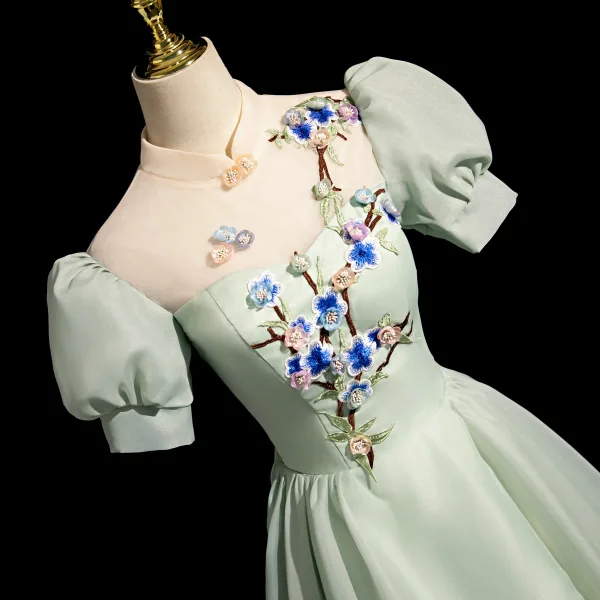 Chic / Belle Vert Cendré En Dentelle Fleur Robe De Bal 2024 Princesse Col Haut Gonflée Manches Courtes Dos Nu Longue Promo Robe De Ceremonie