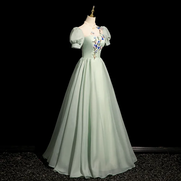 Chic / Belle Vert Cendré En Dentelle Fleur Robe De Bal 2024 Princesse Col Haut Gonflée Manches Courtes Dos Nu Longue Promo Robe De Ceremonie