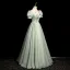 Chic / Belle Vert Cendré En Dentelle Fleur Robe De Bal 2024 Princesse Col Haut Gonflée Manches Courtes Dos Nu Longue Promo Robe De Ceremonie