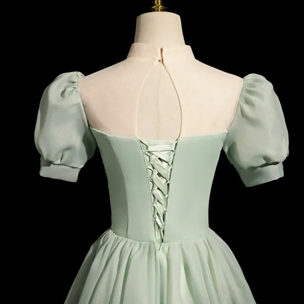Chic / Belle Vert Cendré En Dentelle Fleur Robe De Bal 2024 Princesse Col Haut Gonflée Manches Courtes Dos Nu Longue Promo Robe De Ceremonie