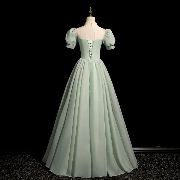 Chic / Belle Vert Cendré En Dentelle Fleur Robe De Bal 2024 Princesse Col Haut Gonflée Manches Courtes Dos Nu Longue Promo Robe De Ceremonie