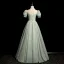 Chic / Belle Vert Cendré En Dentelle Fleur Robe De Bal 2024 Princesse Col Haut Gonflée Manches Courtes Dos Nu Longue Promo Robe De Ceremonie