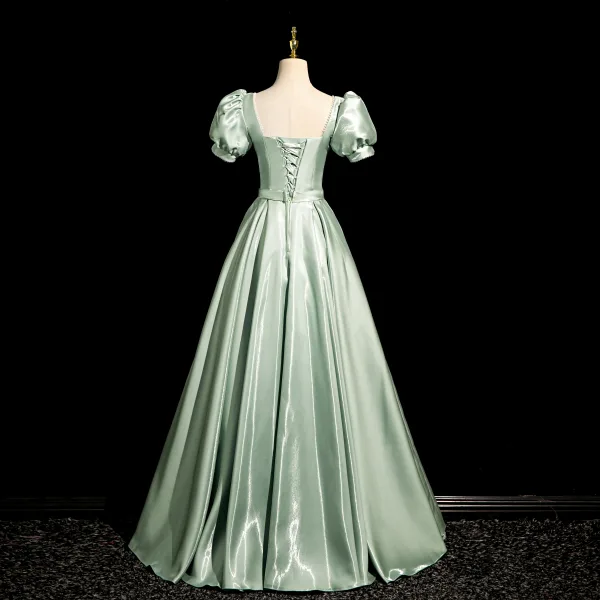 Elegant Sage Green Bow Sash Prom Dresses 2024 A-Line / Princess Square Neckline Puffy Short Sleeve Backless Floor-Length / Long Prom Formal Dresses