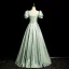 Elegant Sage Green Bow Sash Prom Dresses 2024 A-Line / Princess Square Neckline Puffy Short Sleeve Backless Floor-Length / Long Prom Formal Dresses
