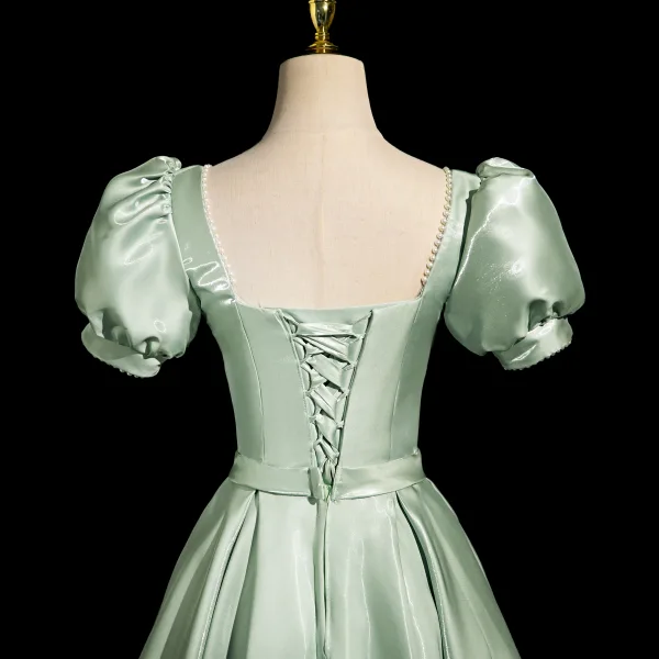 Elegant Sage Green Bow Sash Prom Dresses 2024 A-Line / Princess Square Neckline Puffy Short Sleeve Backless Floor-Length / Long Prom Formal Dresses