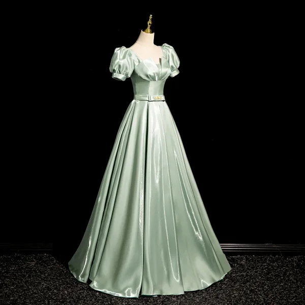 Elegant Sage Green Bow Sash Prom Dresses 2024 A-Line / Princess Square Neckline Puffy Short Sleeve Backless Floor-Length / Long Prom Formal Dresses
