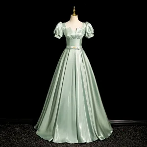 Élégant Vert Cendré Noeud Ceinture Robe De Bal 2024 Princesse Encolure Carrée Gonflée Manches Courtes Dos Nu Longue Promo Robe De Ceremonie