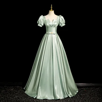 Élégant Vert Cendré Noeud Ceinture Robe De Bal 2024 Princesse Encolure Carrée Gonflée Manches Courtes Dos Nu Longue Promo Robe De Ceremonie