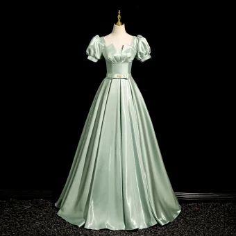 Eleganta Sage Grön Rosett Skärp Balklänningar 2024 Prinsessa Fyrkantig Ringning Pösigt Korta Ärm Halterneck Långa Bal Formella Klänningar
