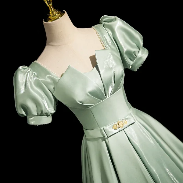 Elegant Sage Green Bow Sash Prom Dresses 2024 A-Line / Princess Square Neckline Puffy Short Sleeve Backless Floor-Length / Long Prom Formal Dresses