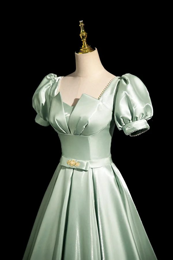Elegant Sage Green Bow Sash Prom Dresses 2024 A-Line / Princess Square Neckline Puffy Short Sleeve Backless Floor-Length / Long Prom Formal Dresses
