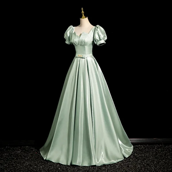 Elegant Sage Green Bow Sash Prom Dresses 2024 A-Line / Princess Square Neckline Puffy Short Sleeve Backless Floor-Length / Long Prom Formal Dresses