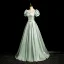 Elegant Sage Green Bow Sash Prom Dresses 2024 A-Line / Princess Square Neckline Puffy Short Sleeve Backless Floor-Length / Long Prom Formal Dresses