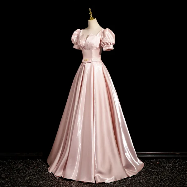 Elegant Blushing Pink Pearl Bow Sash Prom Dresses 2024 A-Line / Princess Square Neckline Puffy Short Sleeve Floor-Length / Long Prom Formal Dresses