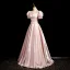 Elegant Blushing Pink Pearl Bow Sash Prom Dresses 2024 A-Line / Princess Square Neckline Puffy Short Sleeve Floor-Length / Long Prom Formal Dresses
