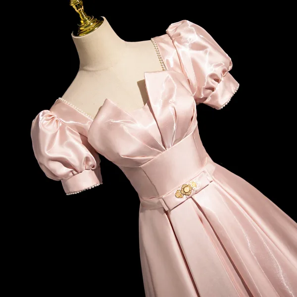 Elegant Blushing Pink Pearl Bow Sash Prom Dresses 2024 A-Line / Princess Square Neckline Puffy Short Sleeve Floor-Length / Long Prom Formal Dresses