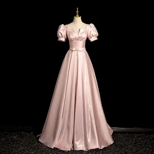 Elegant Rødmende Rosa Perle Sløyfe Sash Ballkjoler 2024 Prinsesse Firkantet Hals Puffy Korte Ermer Lange Ball Formelle Kjoler