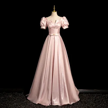 Elegant Rødmende Rosa Perle Sløyfe Sash Ballkjoler 2024 Prinsesse Firkantet Hals Puffy Korte Ermer Lange Ball Formelle Kjoler