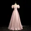Elegant Blushing Pink Pearl Bow Sash Prom Dresses 2024 A-Line / Princess Square Neckline Puffy Short Sleeve Floor-Length / Long Prom Formal Dresses