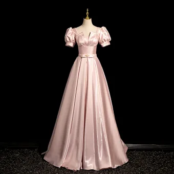 Elegantes Rosa Clara Perla Bowknot Cinturón Vestidos De Gala 2024 A Line Princess Escote Cuadrado Hinchado Manga Corta Largos Gala Vestidos Formales