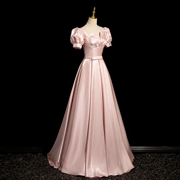 Elegant Blushing Pink Pearl Bow Sash Prom Dresses 2024 A-Line / Princess Square Neckline Puffy Short Sleeve Floor-Length / Long Prom Formal Dresses