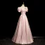 Elegant Blushing Pink Pearl Bow Sash Prom Dresses 2024 A-Line / Princess Square Neckline Puffy Short Sleeve Floor-Length / Long Prom Formal Dresses