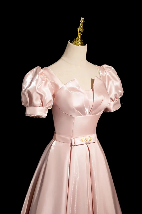 Elegant Blushing Pink Pearl Bow Sash Prom Dresses 2024 A-Line / Princess Square Neckline Puffy Short Sleeve Floor-Length / Long Prom Formal Dresses