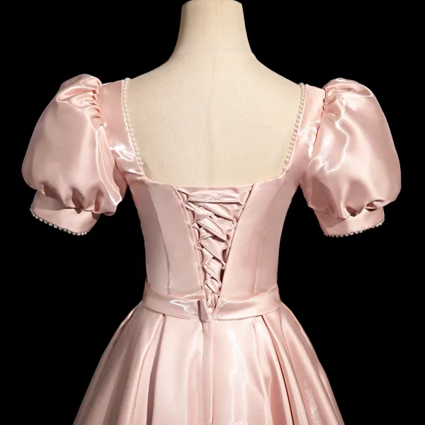 Elegant Blushing Pink Pearl Bow Sash Prom Dresses 2024 A-Line / Princess Square Neckline Puffy Short Sleeve Floor-Length / Long Prom Formal Dresses