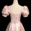 Elegant Blushing Pink Pearl Bow Sash Prom Dresses 2024 A-Line / Princess Square Neckline Puffy Short Sleeve Floor-Length / Long Prom Formal Dresses