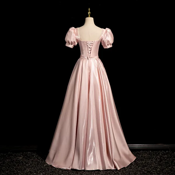 Elegant Blushing Pink Pearl Bow Sash Prom Dresses 2024 A-Line / Princess Square Neckline Puffy Short Sleeve Floor-Length / Long Prom Formal Dresses
