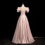 Elegant Blushing Pink Pearl Bow Sash Prom Dresses 2024 A-Line / Princess Square Neckline Puffy Short Sleeve Floor-Length / Long Prom Formal Dresses