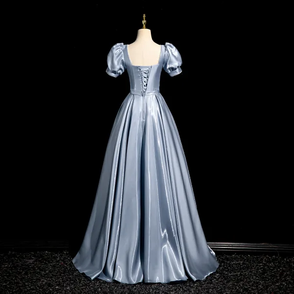 Élégant Bleu Noeud Ceinture Robe De Bal 2024 Princesse Encolure Carrée Gonflée Manches Courtes Dos Nu Longue Promo Robe De Ceremonie