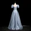 Élégant Bleu Noeud Ceinture Robe De Bal 2024 Princesse Encolure Carrée Gonflée Manches Courtes Dos Nu Longue Promo Robe De Ceremonie