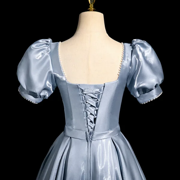 Élégant Bleu Noeud Ceinture Robe De Bal 2024 Princesse Encolure Carrée Gonflée Manches Courtes Dos Nu Longue Promo Robe De Ceremonie