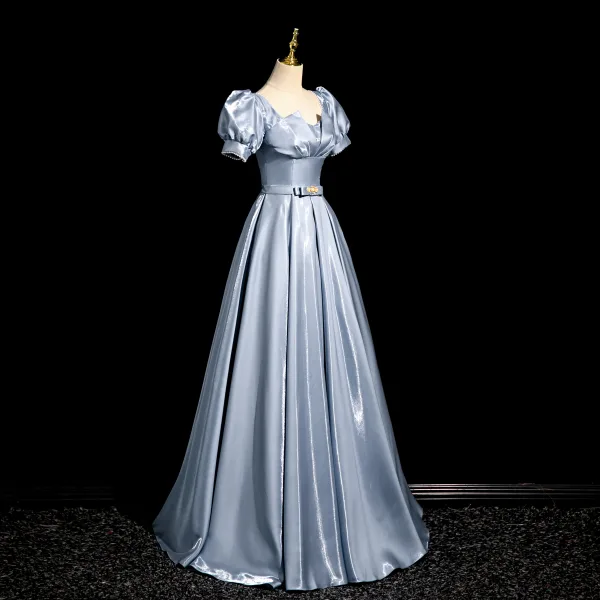 Élégant Bleu Noeud Ceinture Robe De Bal 2024 Princesse Encolure Carrée Gonflée Manches Courtes Dos Nu Longue Promo Robe De Ceremonie