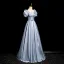 Élégant Bleu Noeud Ceinture Robe De Bal 2024 Princesse Encolure Carrée Gonflée Manches Courtes Dos Nu Longue Promo Robe De Ceremonie