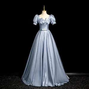 Élégant Bleu Noeud Ceinture Robe De Bal 2024 Princesse Encolure Carrée Gonflée Manches Courtes Dos Nu Longue Promo Robe De Ceremonie