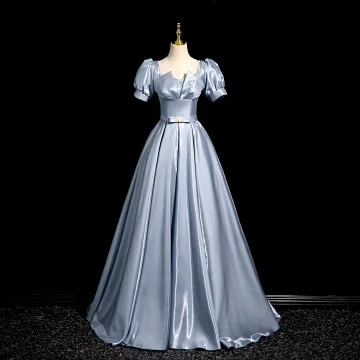 Elegante Blauw Strik Gordel Galajurken 2024 A Lijn Vierkante Halslijn Gezwollen Korte Mouwen Ruglooze Lange Gala Gelegenheid Jurken