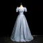 Élégant Bleu Noeud Ceinture Robe De Bal 2024 Princesse Encolure Carrée Gonflée Manches Courtes Dos Nu Longue Promo Robe De Ceremonie